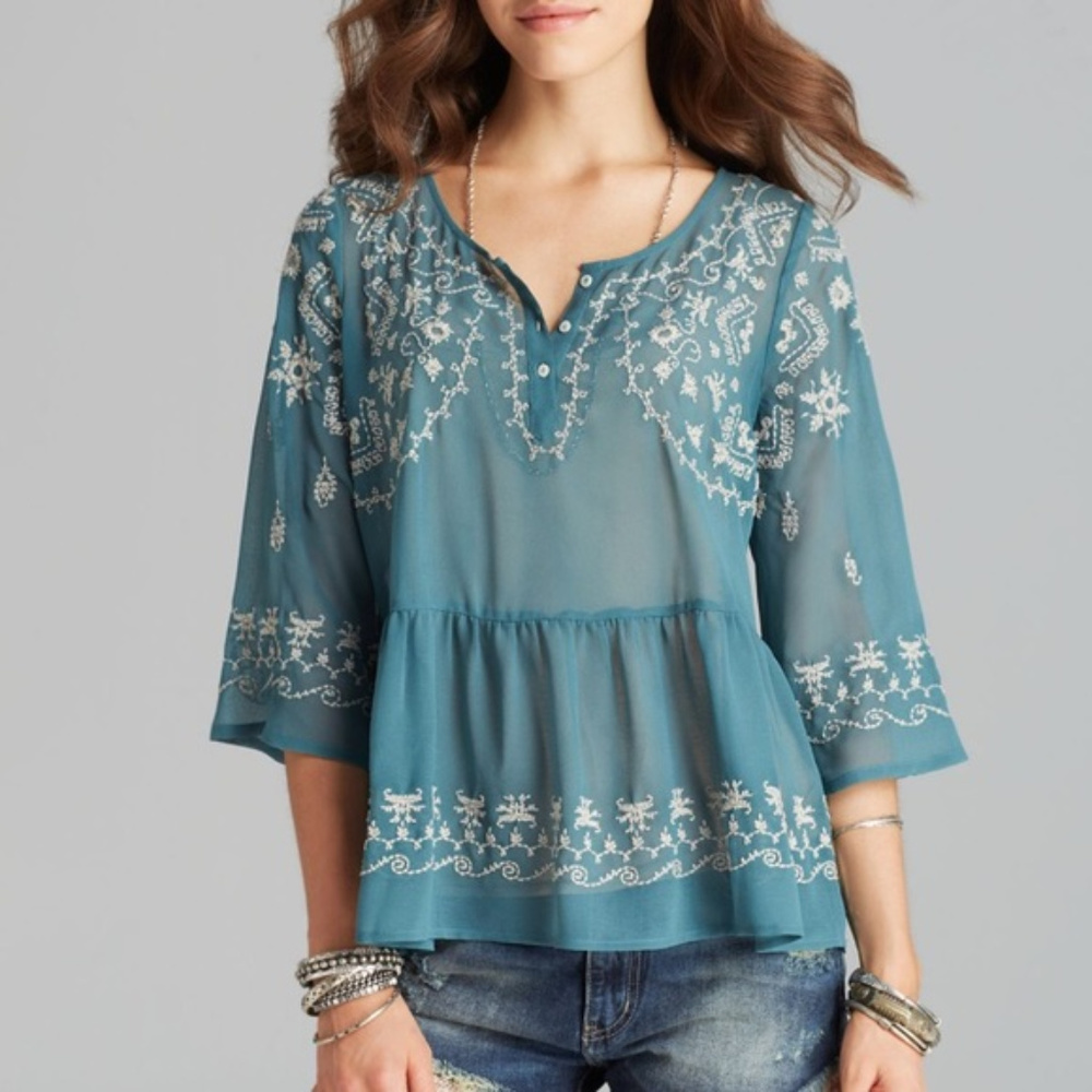 Free People Sheer Embroidered Boho Blouse